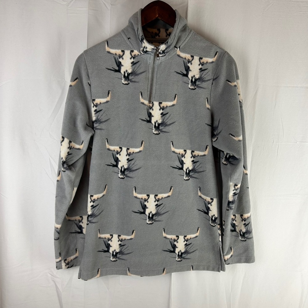Powder River Outfitters Gray Bull Skull Fleece 1/4 Zip Pullover Women's Medium